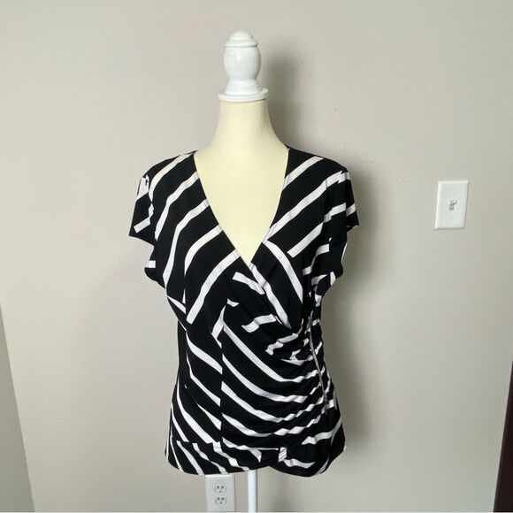 Vintage Joseph Ribkoff Black White Striped Faux Wrap VNeck Blouse Womens Size 18 - Picture 5 of 15